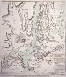 A New York-sziget terve Long Island egy részével, Staten Island és East New Jersey, valamint a Long Island-i Woody Heights-i eljegyzés a brit erők között Sir William Howe tábornok parancsnoksága alatt