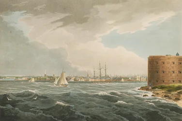 New York a Governors Island-ről, a 20. sz. a Hudson River portfólióból, metszett J. Hill, 1821-25