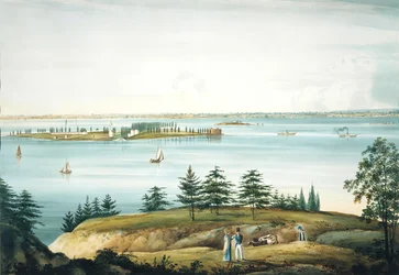 A New York-i öböl és a Governors Island a Brooklyn Heightsből, 1820-25.