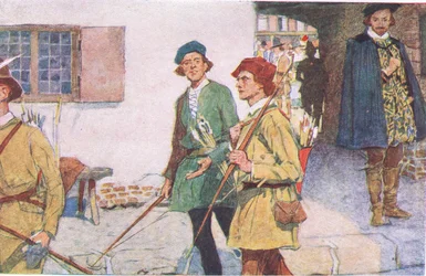 Shakespeare egy íjakkal és nyilakkal a moorfieldsi íjászpályára tartó inascsoportot lát, a My Magazine című kiadványból, 1922-ben megjelent