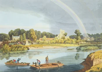 Staines templom városi kővel a folyó partján, vésette Robert Havell ifjabb (1793-1878), megjelent 1818 (akvatinta)