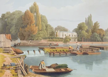 A Marlow hídról származó gát, ifjabb Robert Havell (1793-1878) metszetében, 1818-ban jelent meg (akvatinta)
