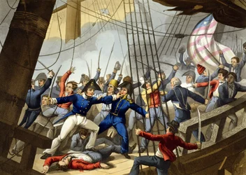 Felszállás és felszállás a Chesapeake amerikai hajóra a H.M. tisztjei és legénysége által. „Shannon” hajó, parancsnoka: Broke kapitány, 1813, Matthew Dubourg (fl.1813-20) metszet a „Történelmi, katonai” c.