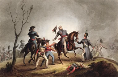 Sir John Moore (1761-1809) halála, 1809. január 17., James Jenkins „Nagy-Britannia és szövetségesei haditettei 1799-1815” című művéből, Thomas Sutherland (szül. kb. 1785) metszete, kiadva