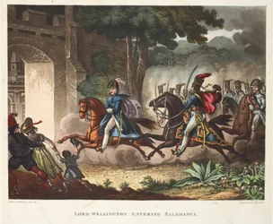 Lord Wellington belép Salamancába, J. C. Stadler akvatintája, pub. Írta: Tegg, 1818. április (akvatinta)