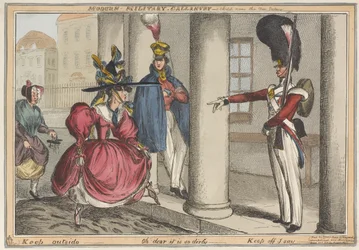 „Modern katonai vitézség – Vázlat az új palota közelében, kinti őr – Ó, édes, olyan koszos”, 1829 körül (színes rézkarc)