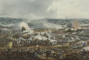 A waterlooi csata, 1815. június 18., Thomas Sutherland (1785-1838) aquatintája, James Jenkins „Martial Achievements” című kiadványában megjelent, 1815. szeptember 1.
