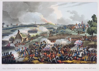 A brit hadsereg hadműveleti központja a waterlooi csatában, 1815. június 18., „Nagy-Britannia és szövetségeseinek harci eredményei 1799 és 1815 között”, James Jenkins, Tho metszet