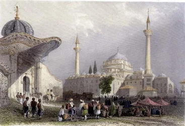 Bajazet mecset a Seraskier-kapuval, Isztambul, H. Griffiths metszete, 1850 körül (akvatinta)