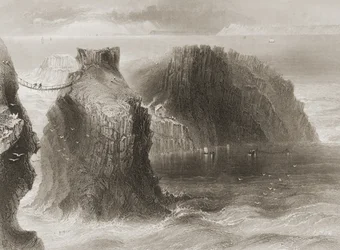 Carrick-a-Rede kötélhíd, Antrim megye, Észak-Írország, George Virtue „Scenery and Antiquities of Ireland” című művéből, 1860-as évek