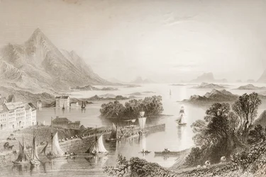 Clew Bay Westportból, Mayo megyéből, George Virtue „Scenery and Antiquities of Ireland” című filmjéből, 1860-as évek