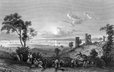 Hadleigh kastély, Essex, Sheerness felé néz, William Watkins metszet, 1835