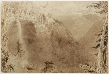 Kaaterskill-vízesés a szakadék felett, Catskill-hegység, New York: Tanulmány egy metszethez, 1836 (barna tintamosás fehér színfoltokkal a papíron, kártyára fektetve)