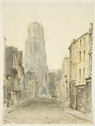 A St Mary Redcliffe templom északi nézete a Redcliffe Street felől, 1825 körül (ceruza és akvarell papíron)