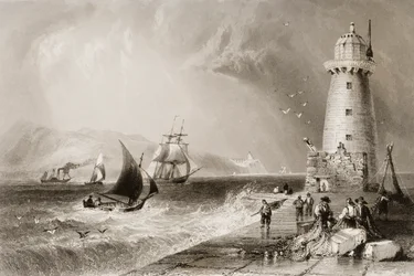 South Wall világítótorony Howth Hillnel a távolban, Dublin, a „Scenery and Antiquities of Ireland”, George Virtue, 1860-as évek