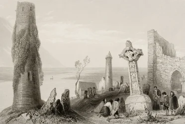 Az ókori kereszt és a kerek torony Clonmacnoisban, Offaly megyében, Írországban, a „Scenery and Antiquities of Ireland” című könyvből (lásd: 131074)