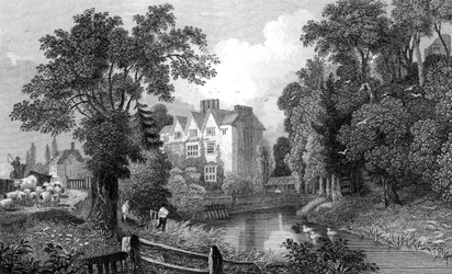 Ongar kastély és kastélyház árok, Essex, metszett Henry Wallis, 1832
