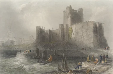 Kilátás a Carrickfergus-kastélyra (színes metszet)