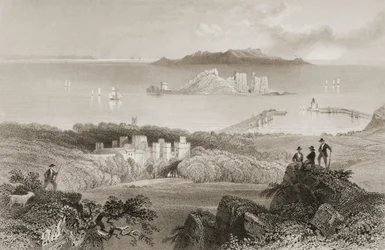 Kilátás a Howth kastélyra, Dublin megyében, Írországban, George Virtue „Scenery and Antiquities of Ireland” című művéből, 1860-as évek