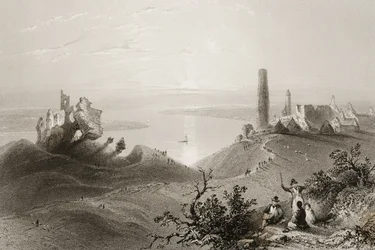 Kilátás a „Clonmacnois hét templomára”, Offaly megye, Írország, George Virtue „Scenery and Antiquities in Ireland” című művéből, 1860-as évek