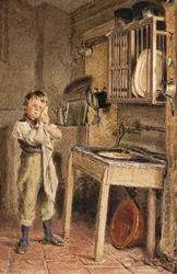 Fiatal fiú mosogat a mosogatóban (akvarell)