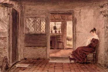 Cottage interior with girl sewing, c.1828 (watercolor on paper)
