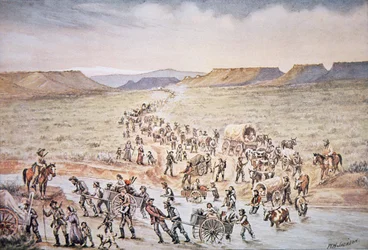 Mormon kézikocsi úttörői nyugat felé Utah felé tartanak 1850-ben (színes litho)