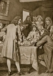 Paterson magyarázza a Darien-sémát Edinburgh-ban, 1694, illusztráció a "Hutchinson