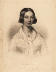 Fiatal Viktória királynő, a húszas évek elején. William Henry Mote acéltörzs-metszete William Drummond illusztrációja után Charles Heath English Pearls vagy Portrés for the Boudoir, Tilt and Bogue, London című művéből