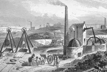 Staffordshire Colliery a "Cyclopaedia of Useful Arts und Manufactures" című kiadványból, szerkesztette Charles Tomlinson, 1880-as évek körül.