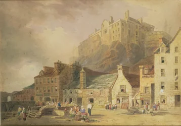 Edinburgh-i kastély a Grass Marketről, a kis nyugati kikötővel, 1820 körül (wc és szépia)