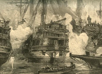 Navarinói csata: A HMS Asia összecsapott Capitan Bey és Moharram Bey hajóival, 1827 c1890.