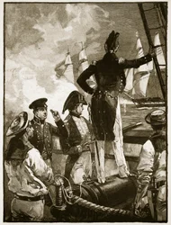 Walpole kapitány elfogja Saldanha herceg hajóit, illusztráció a „Cassell illusztrált Anglia történetéből” (szépia fotó)
