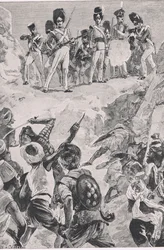 Carmichael követői egy sortüzet lőttek a sűrű embercsoportba: Bharatpur-i csata 1826, illusztráció a brit szárazföldi és tengeri csatákból, 1915