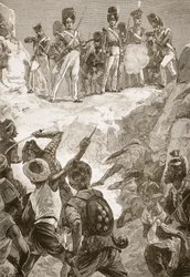 Carmichael követői az előttük lévő sűrű embertömegbe lőttek, illusztráció Archibald Forbes, G.A. Henty és Arthur Griffiths őrnagy "Battles of the Nineteenth Century" című könyvéből.