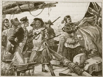 Kínai tisztek lehúzzák a brit zászlót az „Arrow”-on, 1856. október 8., illusztráció a „Cassell illusztrált Anglia történelméből” (szépia fotó)