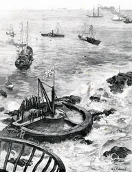 A walesi herceg és Edinburgh hercege az új Eddystone világítótorony alapkövét rakja le, illusztráció a „The Illustrated London News”-ból, 1879