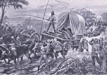 Zulu háború: Az Estowe Segélyerő átkelés egy patakon, 1879. április, illusztráció a brit szárazföldi és tengeri csatákból, 1915