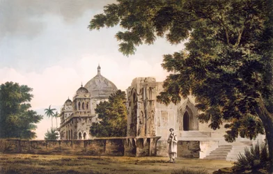 Pl. 18 A Mounheer-i mecset délkeleti nézete a „Select Views in India” pubból. 1780-83 (színes rézkarc akvatintával)