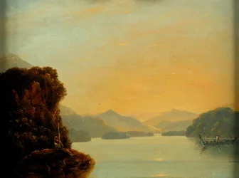 Kilátás a Dusky-öbölben egy maori kenuval