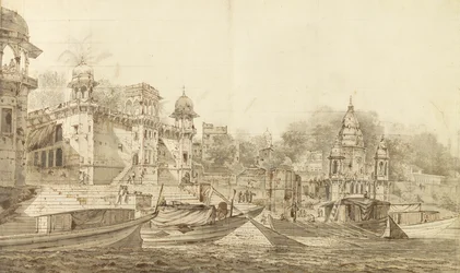 Kilátás Benares városának egy részére, 1781 körül (szürke mosás ecsettel és tintával, ceruzával, mosótartóra helyezett papíron)