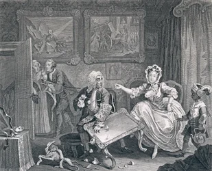 Egy szajha haladása, második lemez: Veszekedik zsidó védelmezőjével, 1732 (metszet és metszet)