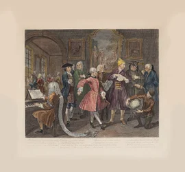 A gereblye fejlődése, 2. tábla: Művészekkel és professzorokkal körülvéve, 1735 körül.