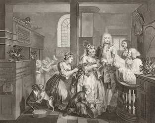 A gereblye? S Progress, 5. tábla: The Rake Marrying an Old Woman / The Path of a Dissolute, Sheet 5: Tom Rakewell feleségül vesz egy gazdag öregasszonyt). 1735
