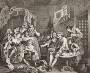 A Rake?s Progress, 7. lap: The Rake in Prison / Der Weg eines Liederlichen, Blatt 7: Tom Rakewell im Schuldgefängnis. 1735
