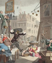 Beer Street, illusztráció a „Hogarth Restored: The Whole Works of the híres William Hogarth, re-graves by Thomas Cook”, pub. 1812 (kézzel színezett metszet)