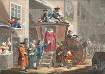 Country Inn Yard, illusztráció a „Hogarth Restored: The Whole Works of the híres William Hogarth, re-graves by Thomas Cook”, pub. 1812 (kézzel színezett metszet)
