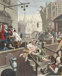 Gin Lane, illusztráció a „Hogarth Restored: The Whole Works of the híres William Hogarth, re-graves by Thomas Cook”, pub. 1812 (kézzel színezett metszet)