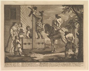 Hudibras diadalmas tizenkét nagy illusztrációja Samuel Butlers számára Hudibras, 4. tábla, 1725-68.