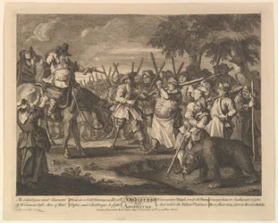Hudibrass első kalandja Tizenkét nagy illusztráció Samuel Butlers számára Hudibras, Pl..., 1725-68.